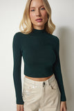 Zümrüt Yeşili Dik Yaka Fitilli Kaşkorse Crop Bluz ub00165