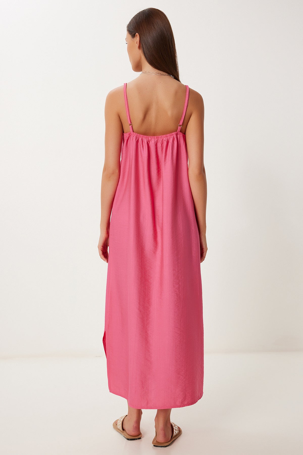 Pembe Askılı Yazlık Midi Krinkıl Elbise MX00195