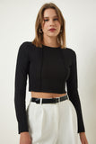Siyah Biyeli Fitilli Crop Bluz SF00013