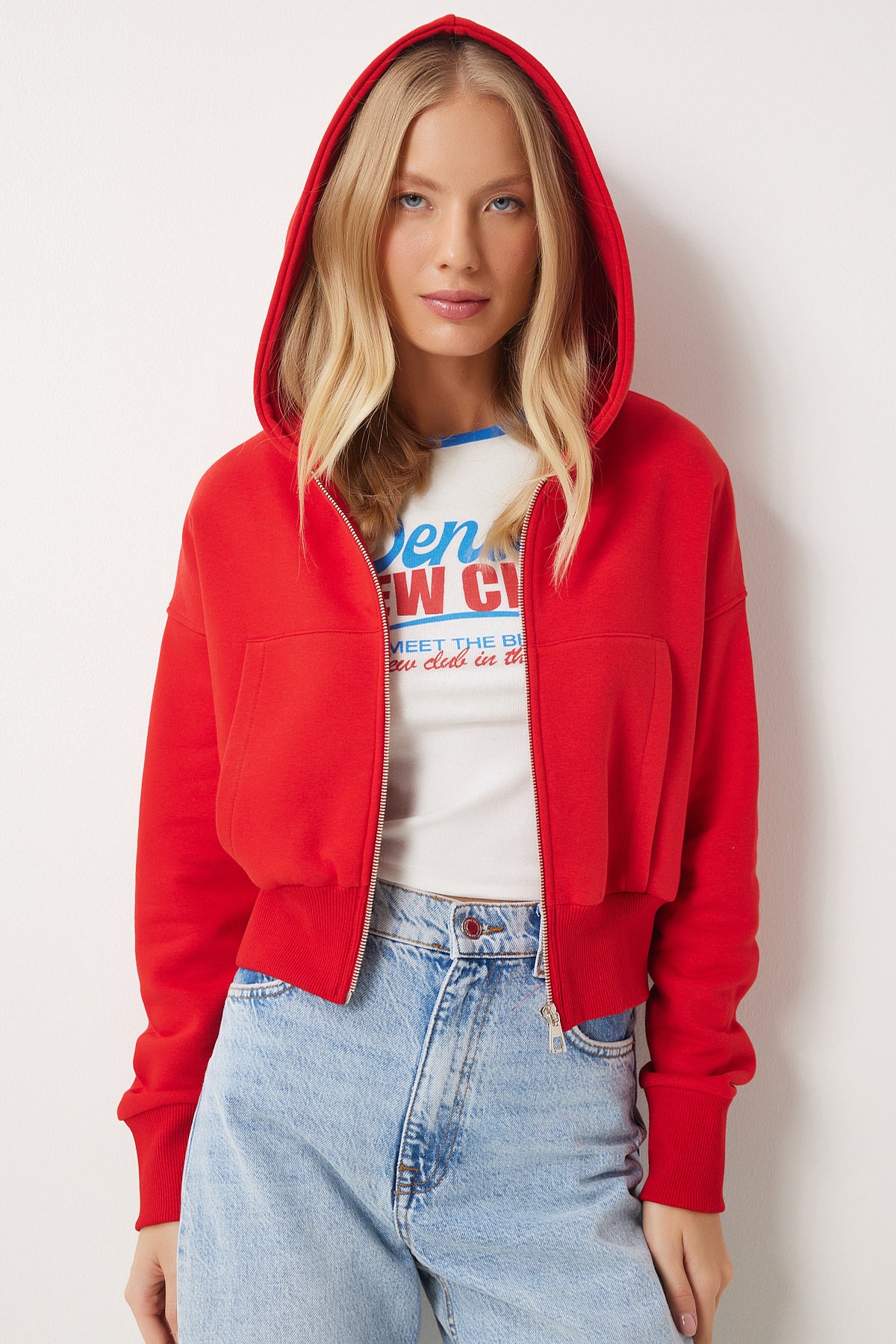 Kırmızı Kapüşonlu Şardonlu Fermuarlı Sweatshirt OW00051