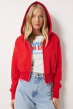 Kırmızı Kapüşonlu Şardonlu Fermuarlı Sweatshirt OW00051