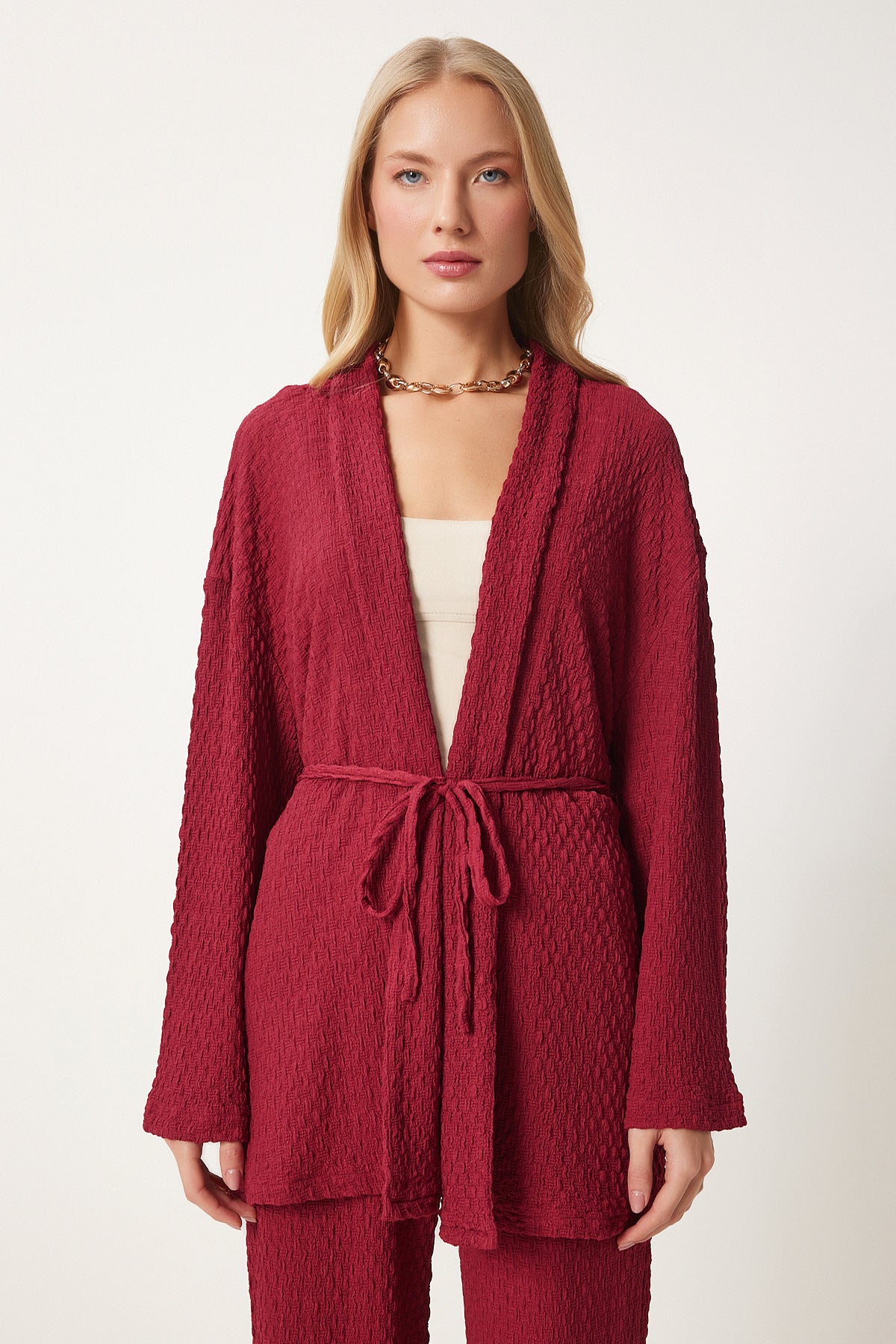 Bordo Dokulu Örme Kimono Pantolon Takım RG00046