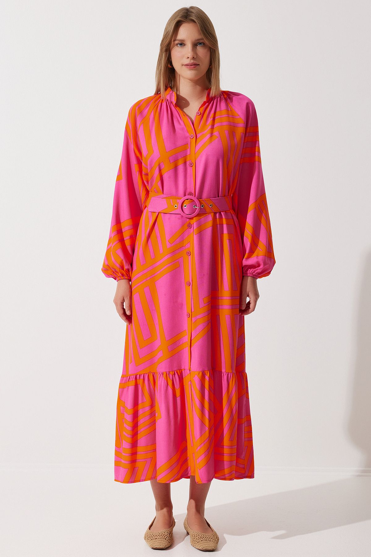 Oranj Kemerli Oversize Yazlık Viskon Elbise ZH00034