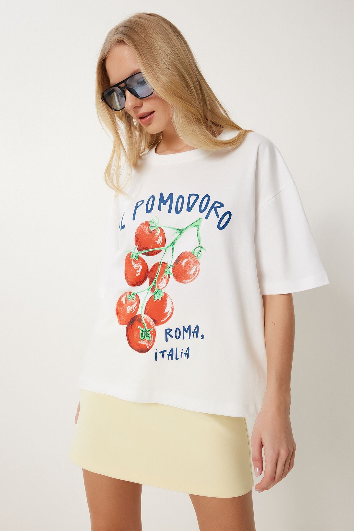 Ekru Baskılı Pamuklu Oversize Örme T-Shirt YY00237