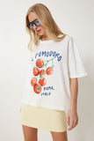 Ekru Baskılı Pamuklu Oversize Örme T-Shirt YY00237