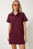 Bordo Polo Yaka Pike Örme Mini Elbise DP00253