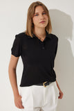 Siyah Polo Yaka Hafif Transparan Yazlık Triko Bluz YY00209