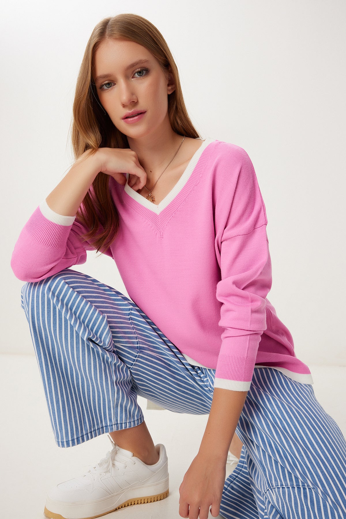 Pembe V Yaka Oversize Triko Kazak BV00081