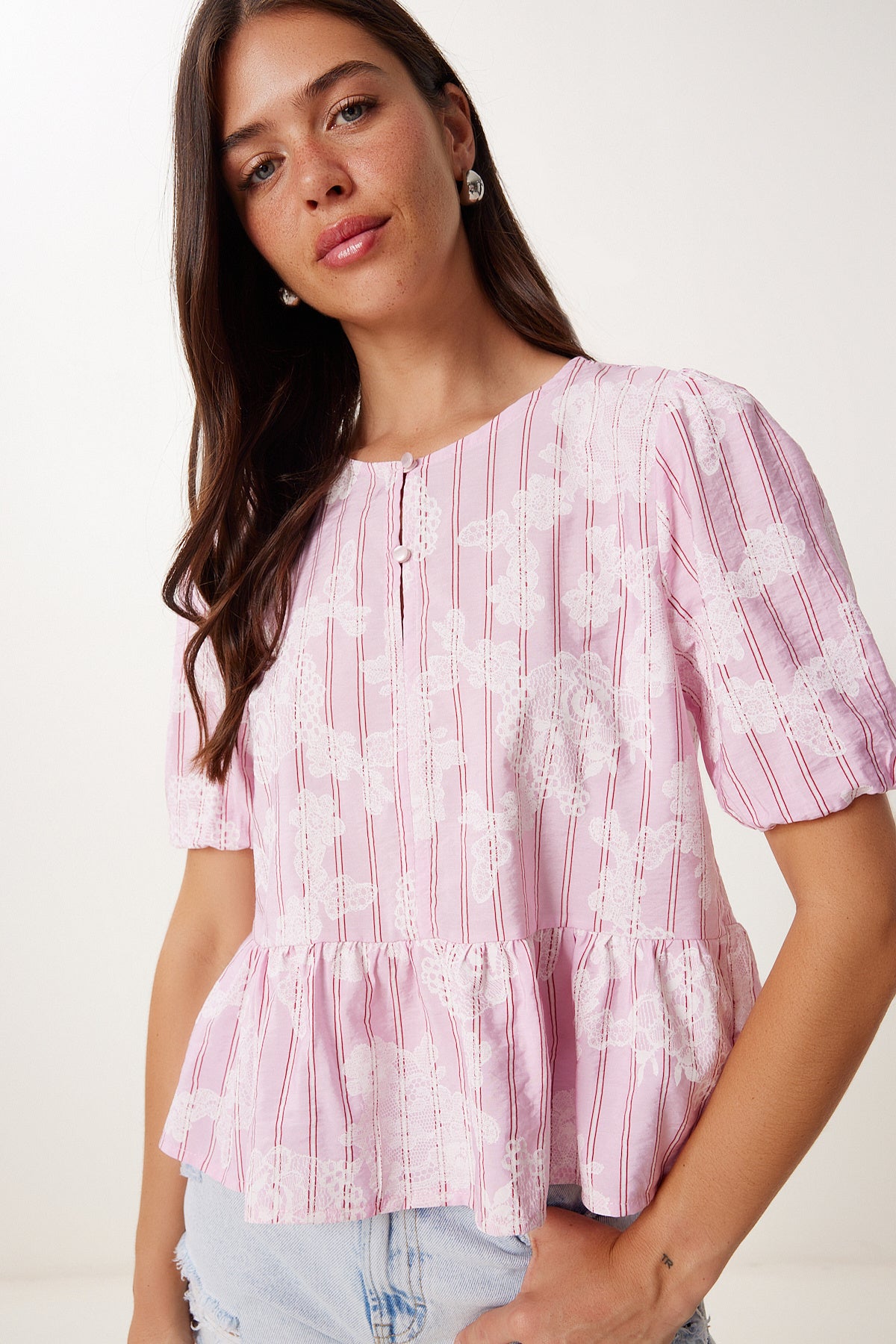 Pembe Desenli Volanlı Keten Karışımlı Bluz MX00202