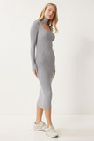 Gri Cut Out Detaylı Dik Yaka Fitilli Triko Elbise FN03388