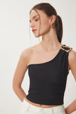 Siyah Tek Omuz Tokalı Fitilli Crop Bluz KH00096
