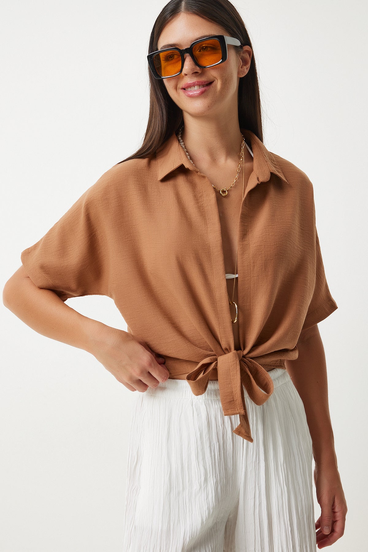 Camel Bağlama Detaylı Keten Bluz MX00151