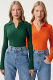 Oranj Yeşil 2'Li Polo Yaka Fitilli Örme Bluz GT00232