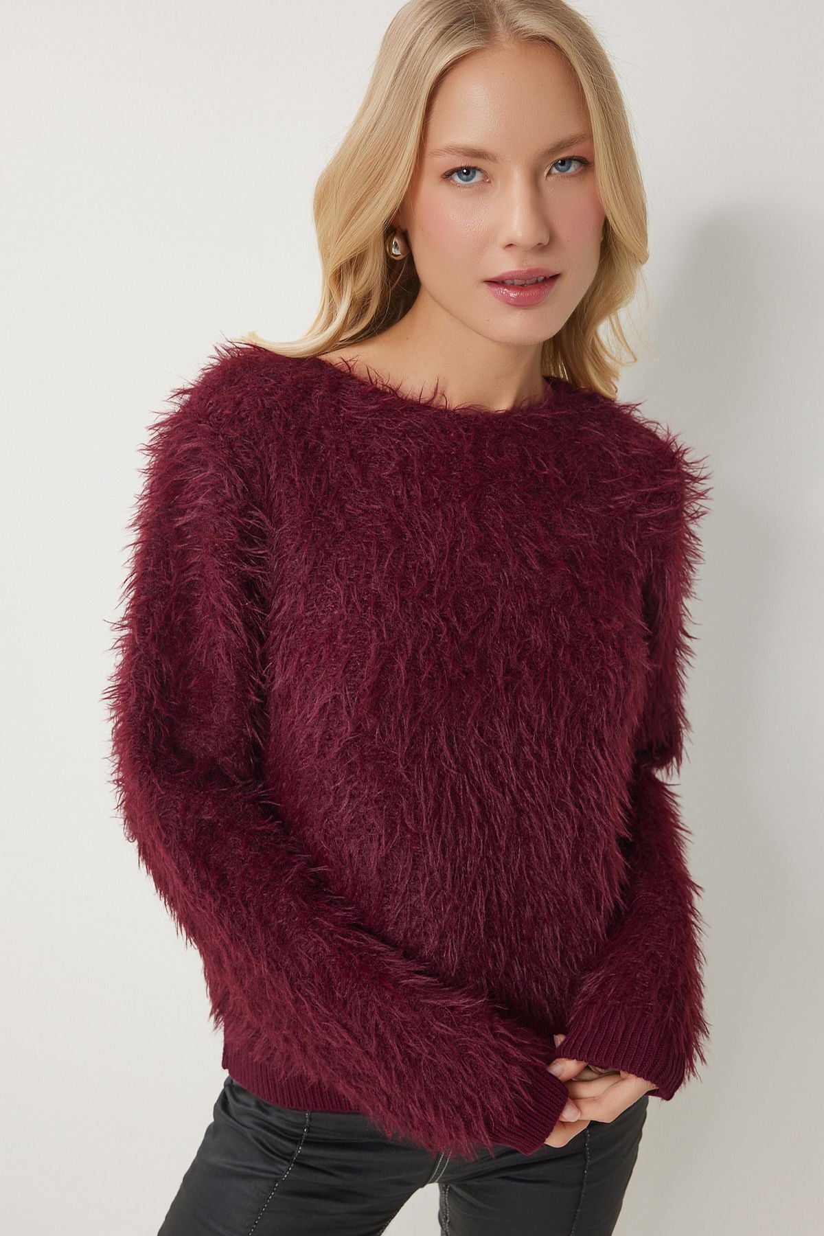 Bordo Yumuşak Sakallı Triko Kazak MX00178