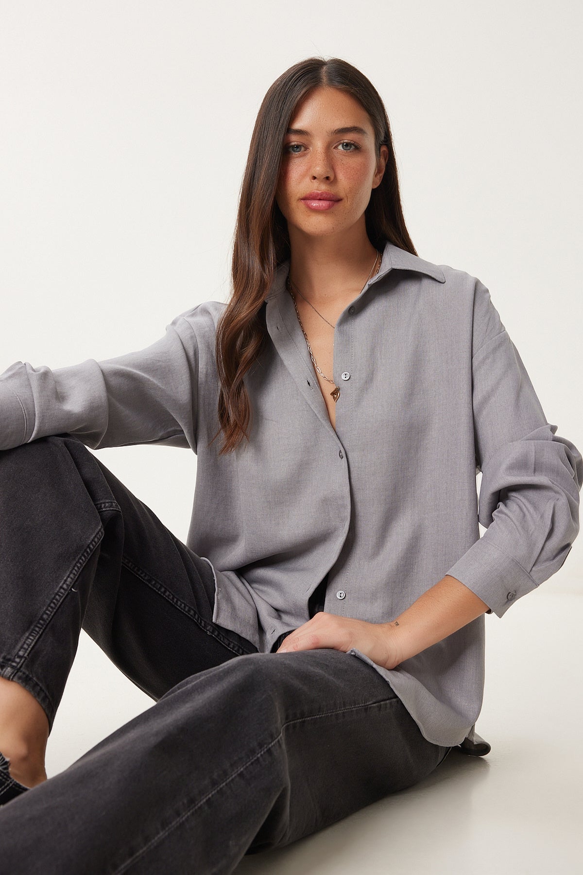 Gri Oversize Keten Gömlek PB00052