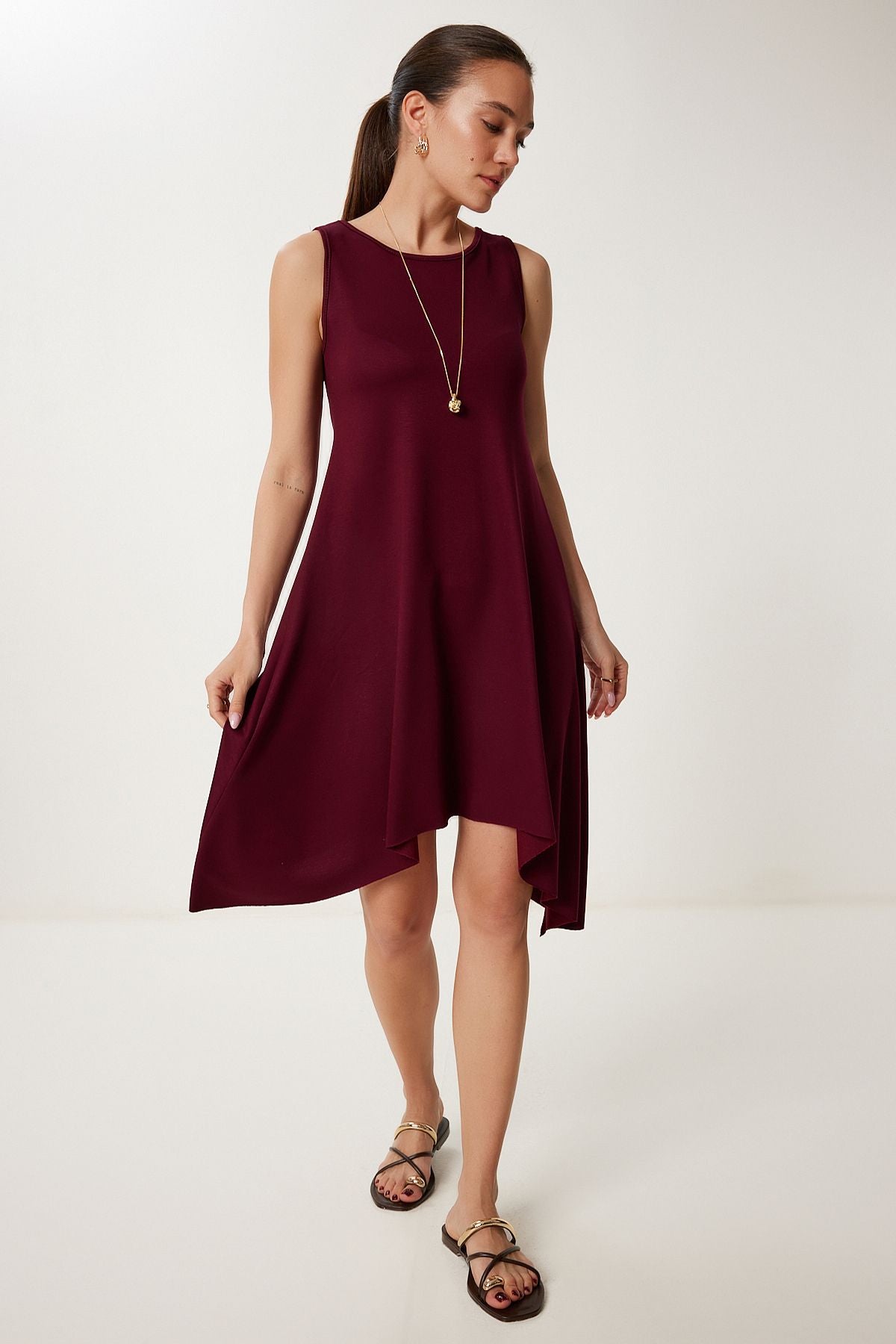 Bordo Asimetrik Kesim Yazlık Örme Elbise ZV00304