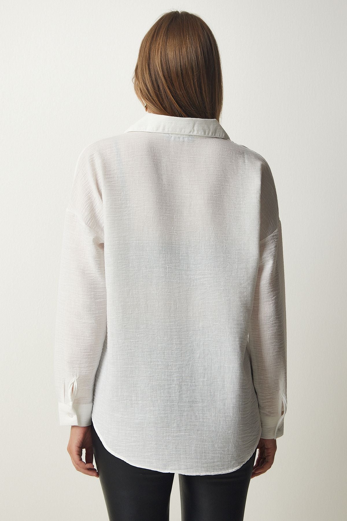 Beyaz Oversize Keten Ayrobin Gömlek DD01222