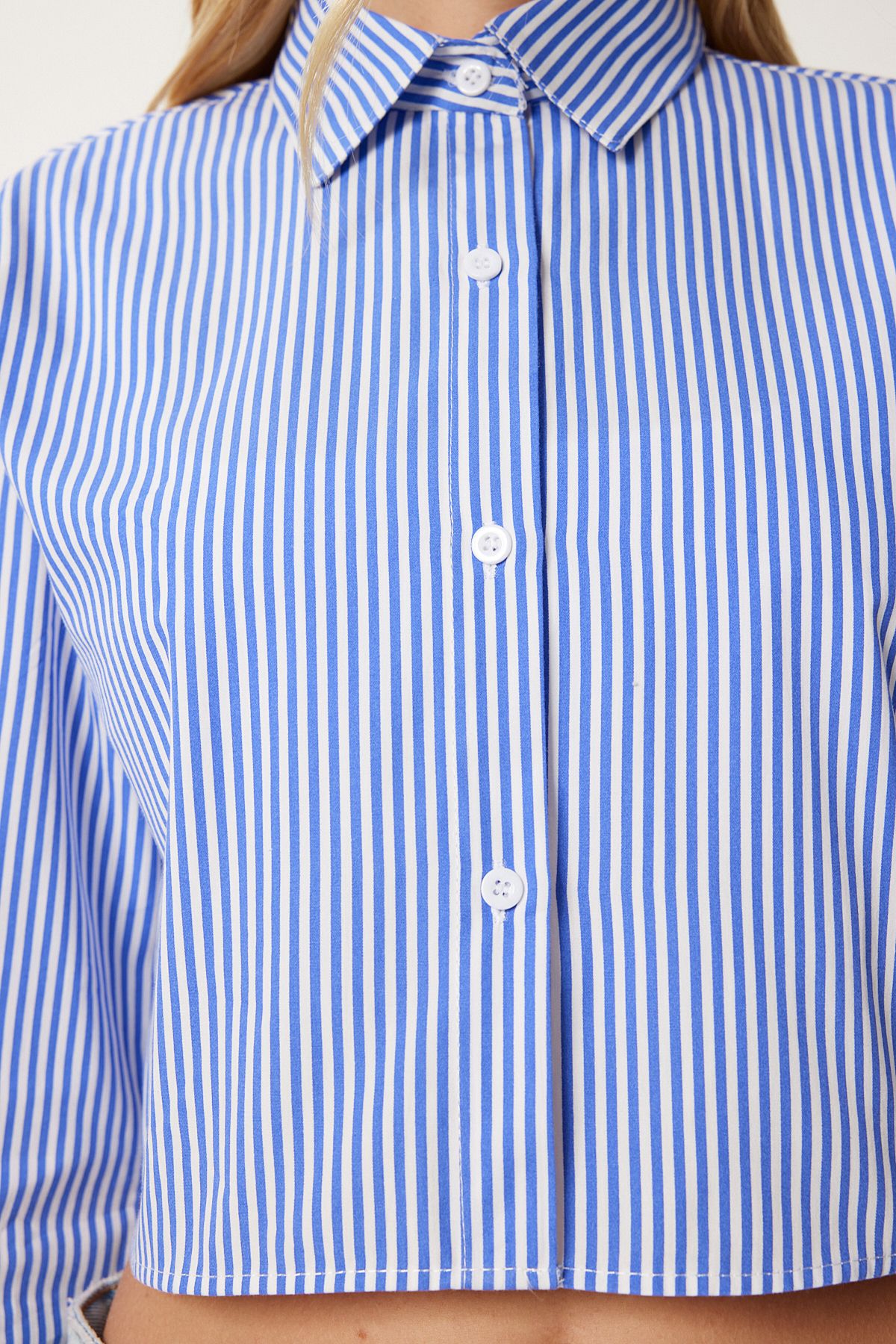 Mavi Çizgili Poplin Crop Gömlek CR00499