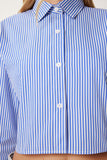 Mavi Çizgili Poplin Crop Gömlek CR00499