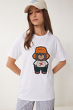 Beyaz Boncuk Detaylı Ayıcık Armalı Örme T-Shirt WE00002
