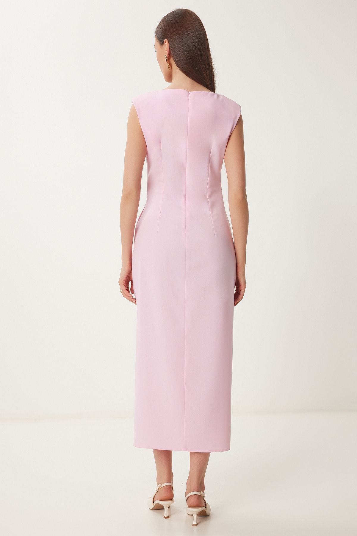Pembe Vatkalı Drapeli Midi Dokuma Elbise WF00101