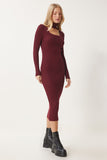 Bordo Cut Out Detaylı Dik Yaka Fitilli Triko Elbise FN03388