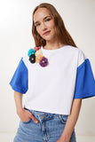 Mavi Beyaz Çiçek Detaylı Crop Örme T-Shirt TP00085