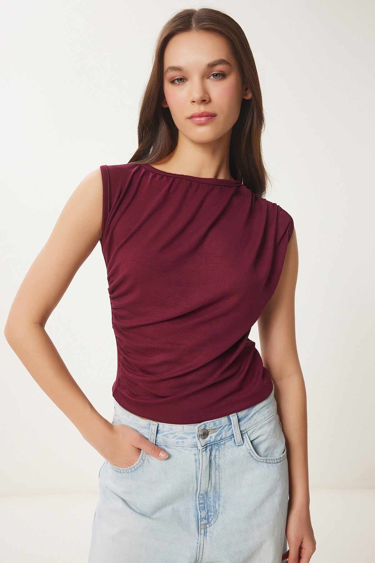 Bordo Büzgülü Örme Bluz ZV00283