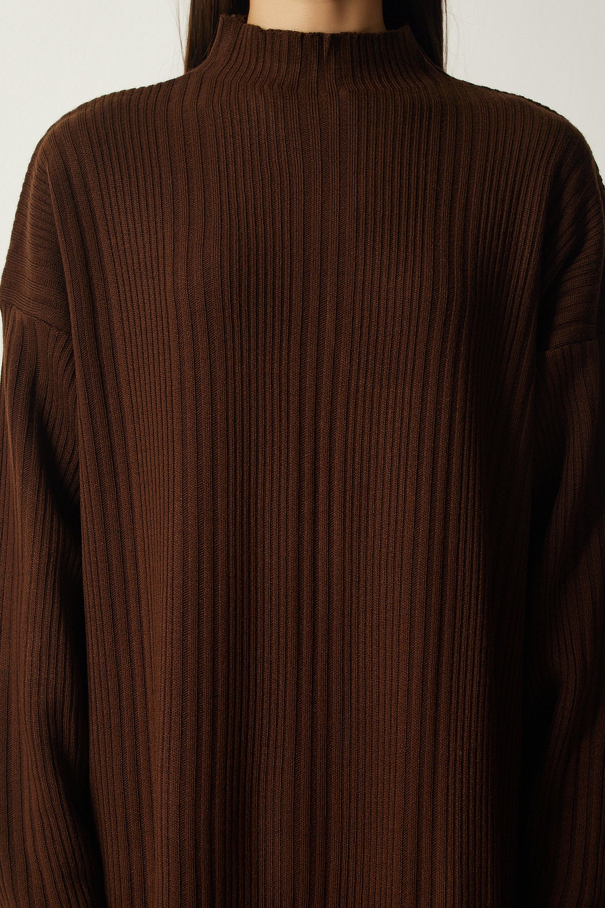 Kahverengi Dik Yaka Oversize Triko Elbise XN00001