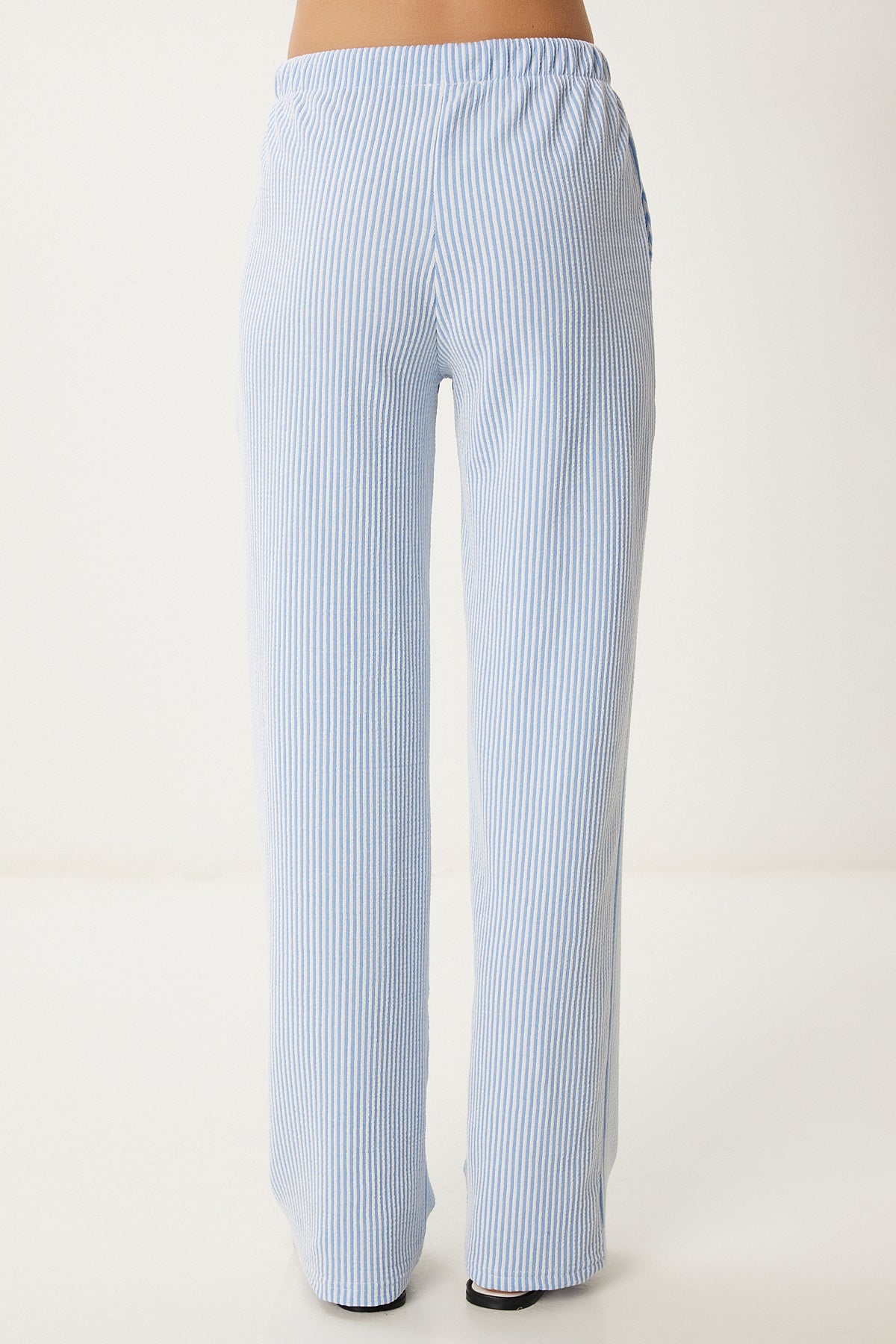 Mavi Kemik Çizgili Geniş Paça Örme Pantolon HW00018