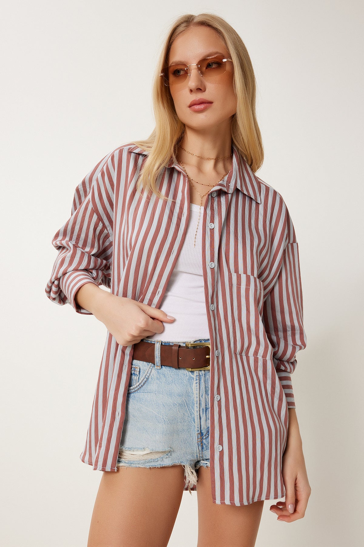 Bordo Gri Çizgili Oversize Dokuma Gömlek DP00259