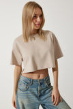 Bej %100 Pamuk Oversize Crop Örme T-Shirt BP00164