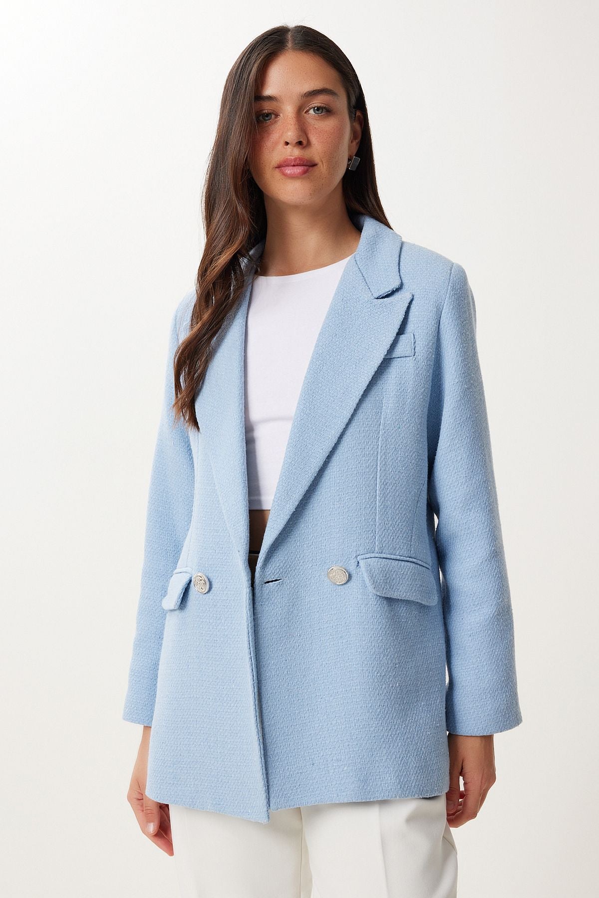 Gök Mavi Vatkalı Şık Düğmeli Tüvit Blazer Ceket XL00005