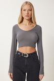 Koyu Gri V Yaka Crop Bluz UB00171