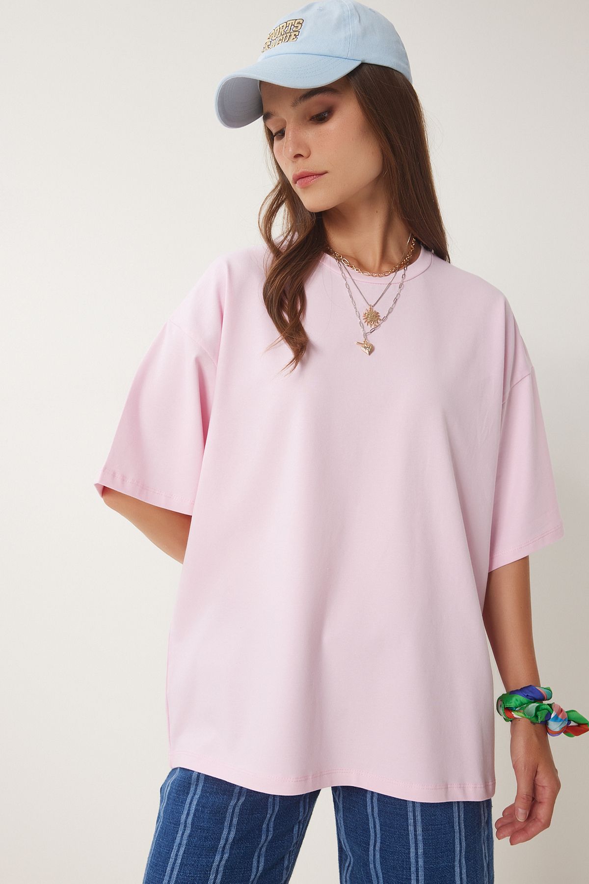 Pembe Basic Oversize Örme T-Shirt HW00007