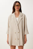 Krem Siyah Oversize Çizgili Mevsimlik Keten Ceket MX00224