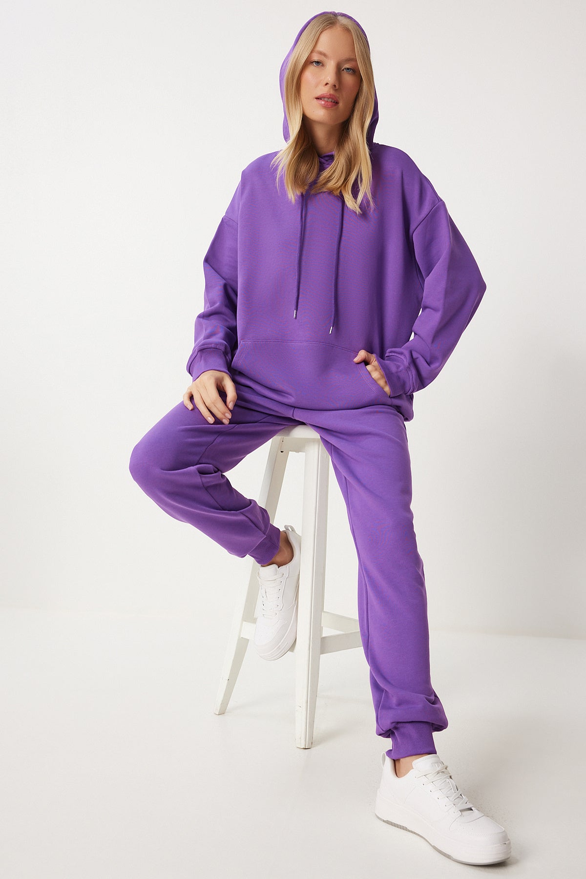 Mor Kapüşonlu Sweatshirt Jogger Oversize Örme Eşofman Takımı PYS0027