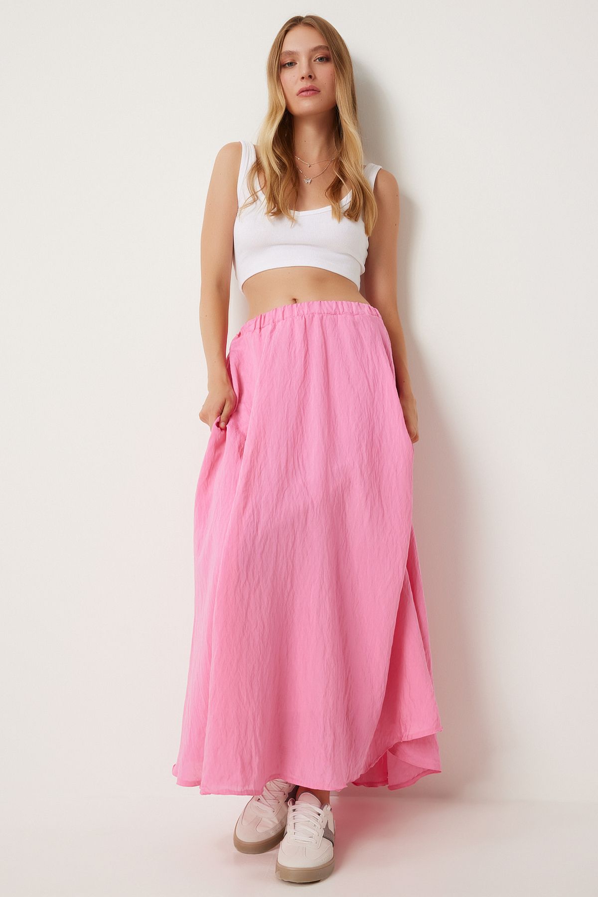 Pembe Volanlı Keten Karışımlı Uzun Etek DP00209