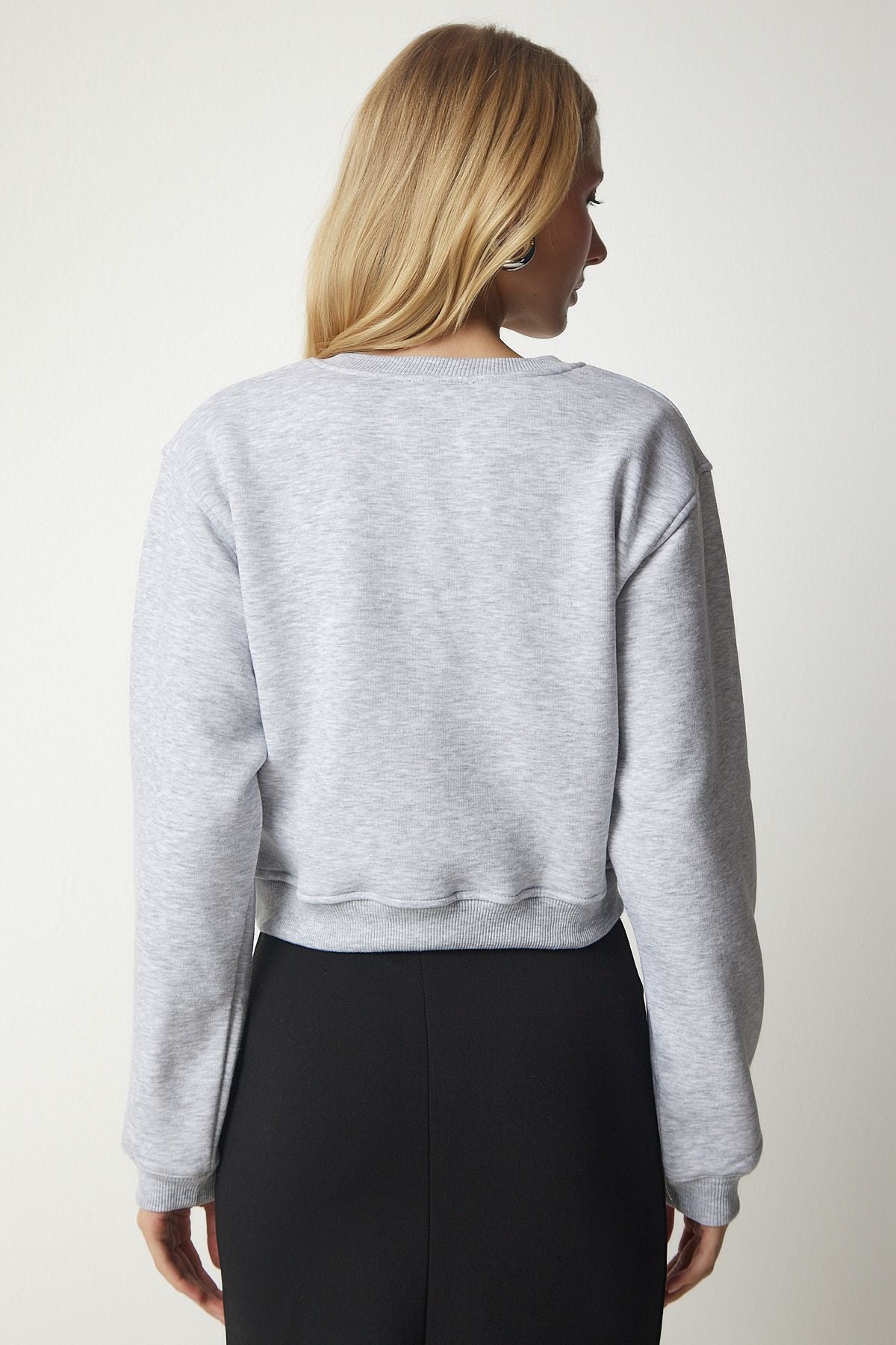 Gri Melanj Şardonlu Crop Sweatshirt UB00178