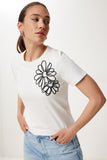 Ekru Çiçek Nakışlı Pamuklu Örme T-Shirt CR00488