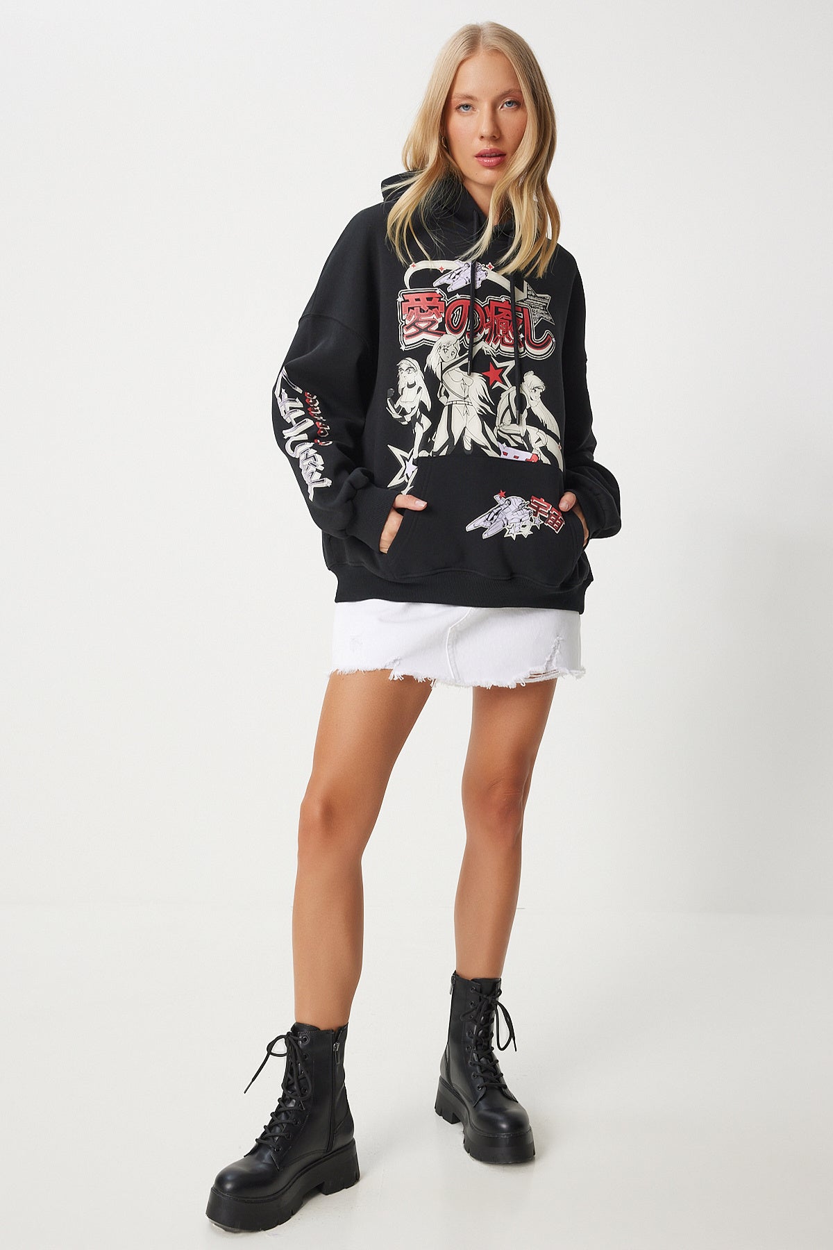 Siyah Baskılı Kapüşonlu Şardonlu Örme Sweatshirt VN00013