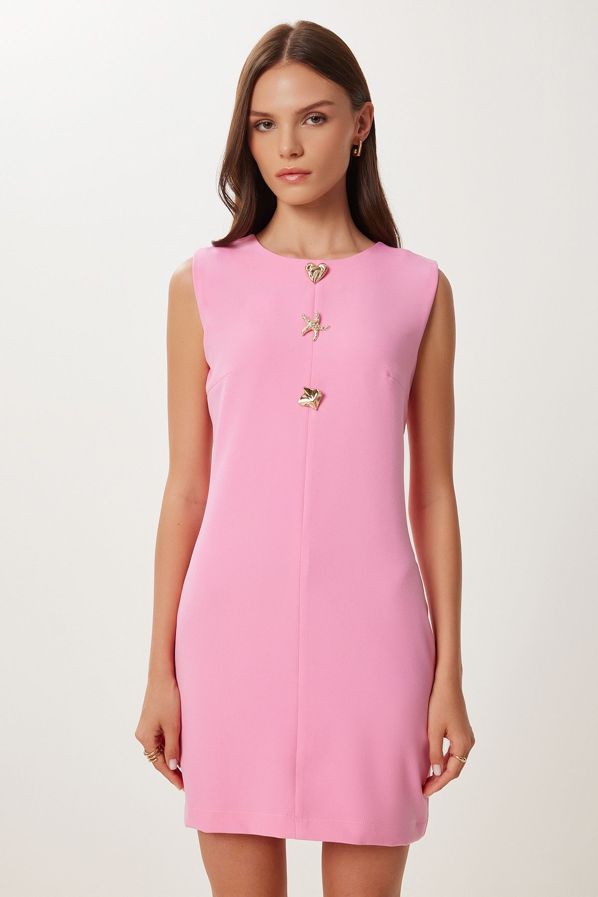 Pembe Gold Aksesuarlı Mini Dokuma Elbise RG00075