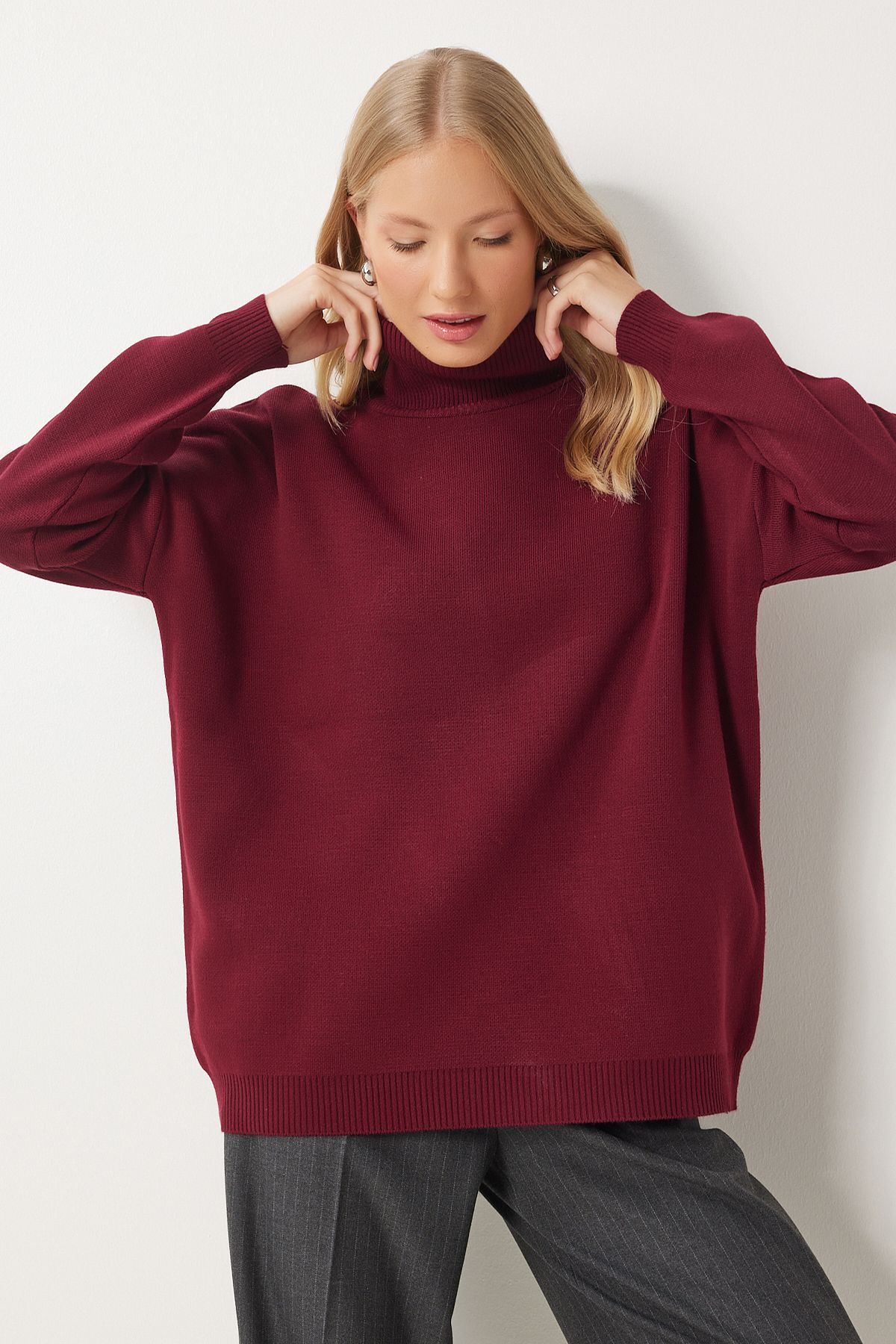 Bordo Balıkçı Yaka Oversize Triko Kazak BV00084
