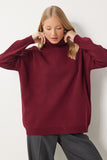 Bordo Balıkçı Yaka Oversize Triko Kazak BV00084