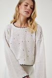 Krem İncili Ajurlu Mevsimlik Crop Triko Kazak MC00256