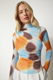 Oranj Mavi Drapeli Dik Yaka Sandy Bluz FF00138