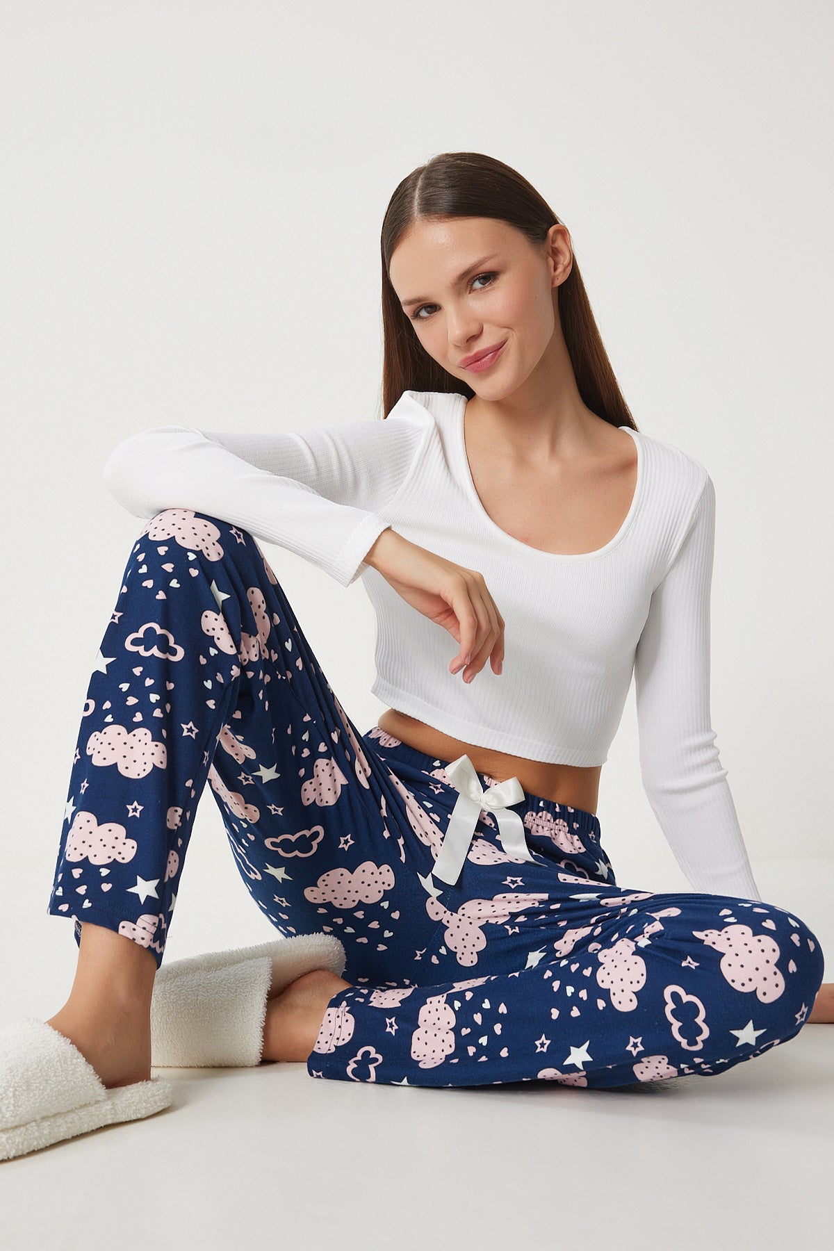 Lacivert Pembe Desenli Yumuşak Dokulu Örme Pijama Altı EC00047