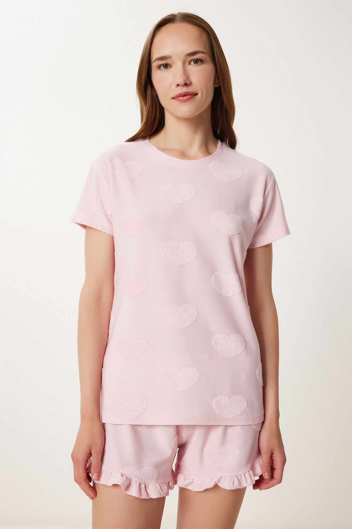 Şeker Pembe Kalp Dokulu Şortlu Örme Pijama Takımı FP00011
