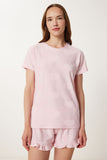 Şeker Pembe Kalp Dokulu Şortlu Örme Pijama Takımı FP00011