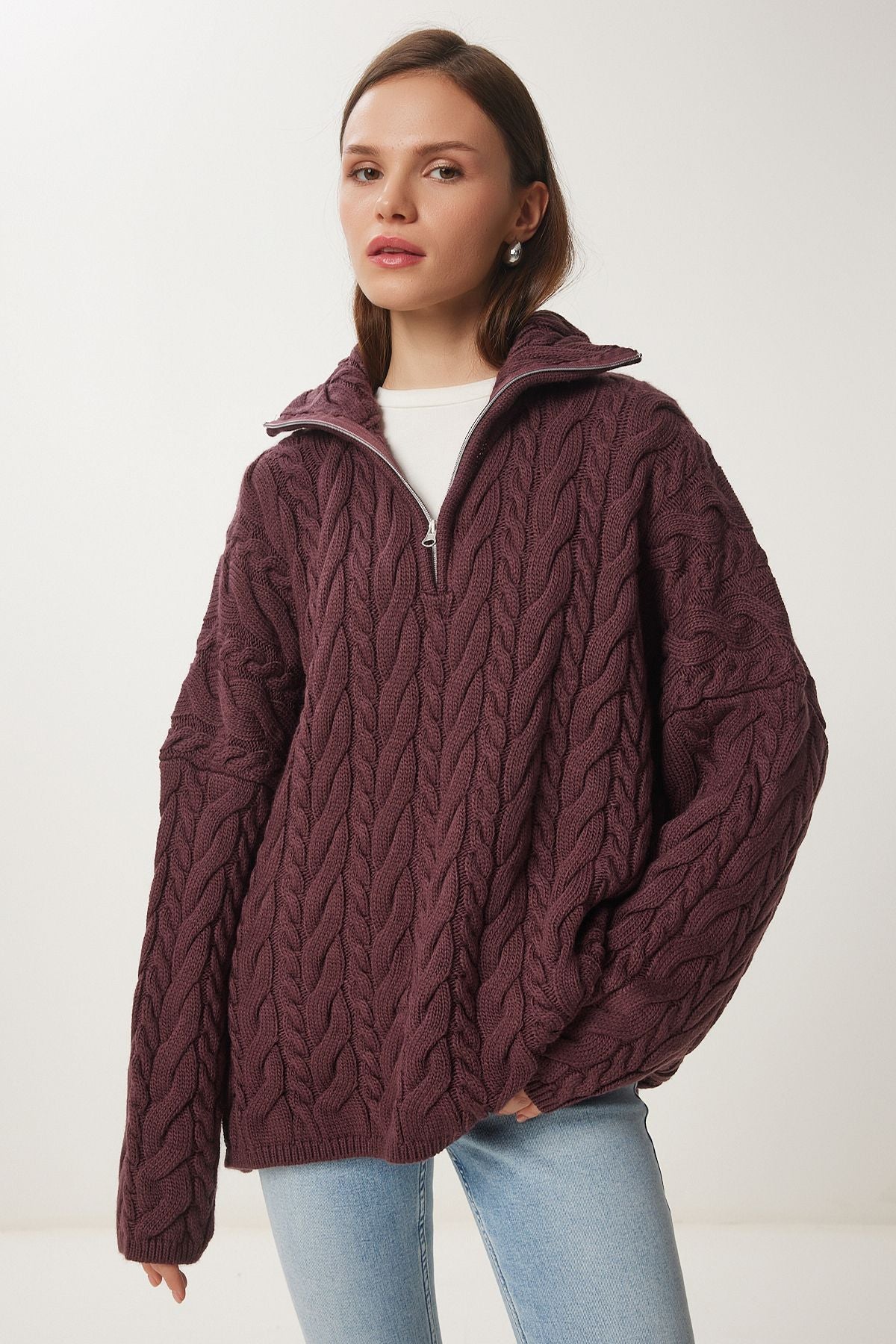 Açık Bordo Fermuarlı Dik Yaka Kalın Oversize Triko Kazak US01005